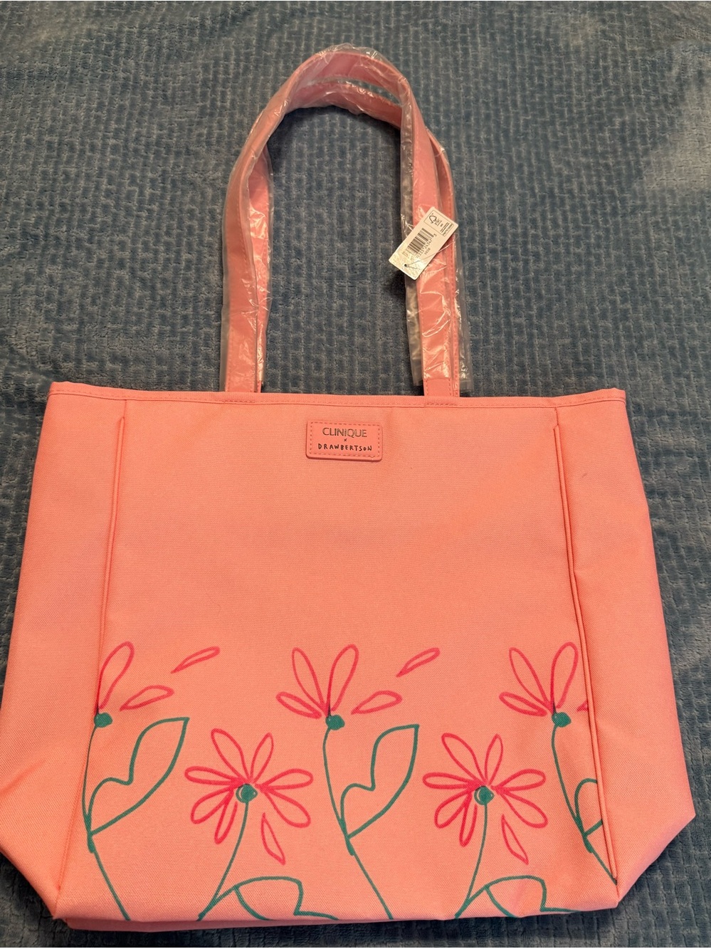 Clinique x Drawbertson Pink Floral Canvas Tote Bag New